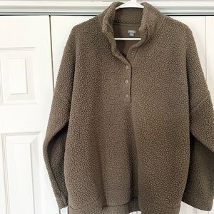 Aerie Button Down Sherpa Snap Brown Green Olive Large Sweatshirt